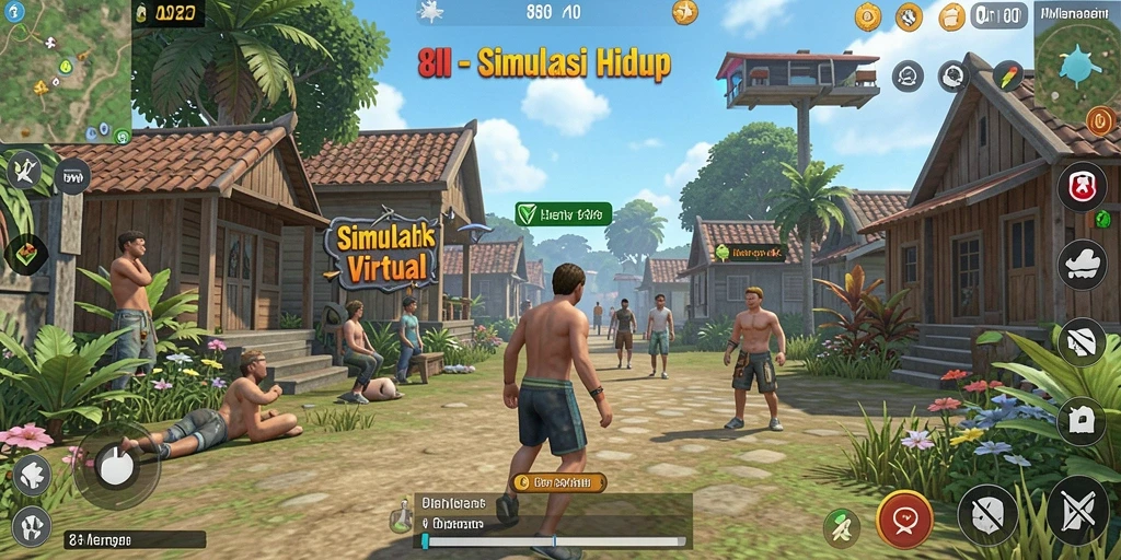 Tampilan gameplay 8II dengan karakter dan rumah dalam simulasi.