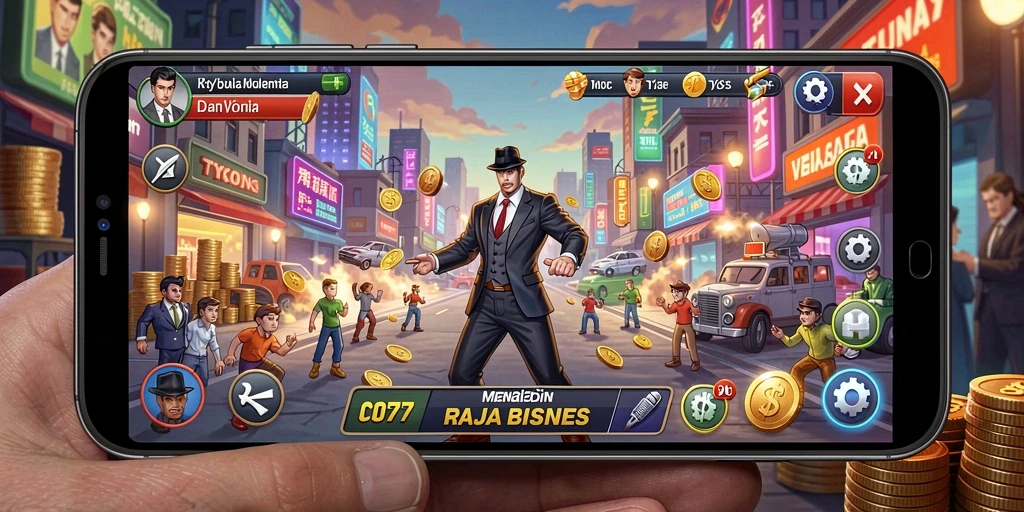 Tampilan gameplay C0077 yang menarik dan interaktif dalam membangun bisnis.