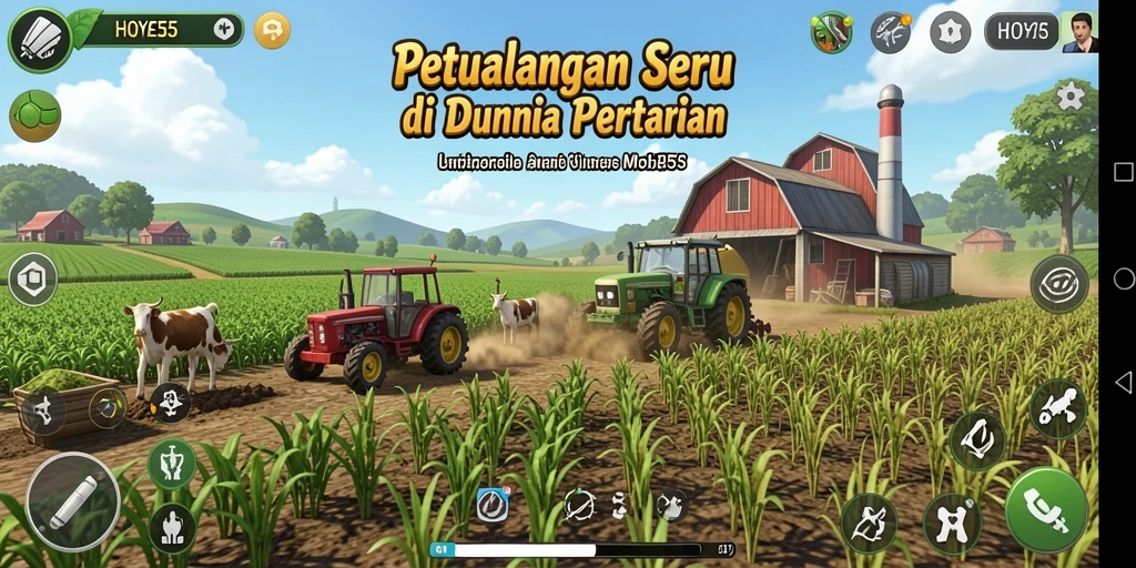 Tangkapan layar gameplay HOYE55 menunjukkan berbagai aktivitas bertani.