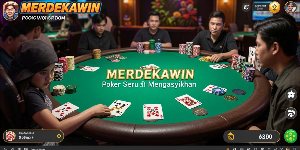 Screenshot gameplay MERDEKAWIN dengan aksi poker yang mendebarkan.