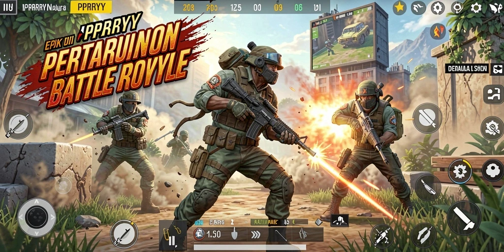 Screenshot utama PPRRYY menampilkan aksi seru dalam gameplay Battle Royale.